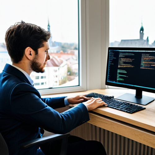 Home 6 A determined professional person, either male or female, in their late 20s or early 30s, fully clothed in modest professional attire, diligently focused on a laptop screen displaying web development code in a bright, modern home office setting. The desk is organized with a few tech books, a coffee mug, and a second monitor showing a web browser. Natural light streams in from a window in the background, hinting at a contemporary German city skyline. The individual has perfect anatomy, correct proportions, well-formed hands, and a proper finger count, captured in a natural pose. The image conveys a sense of concentrated learning and professional growth. Safe for work, appropriate content, family-friendly.