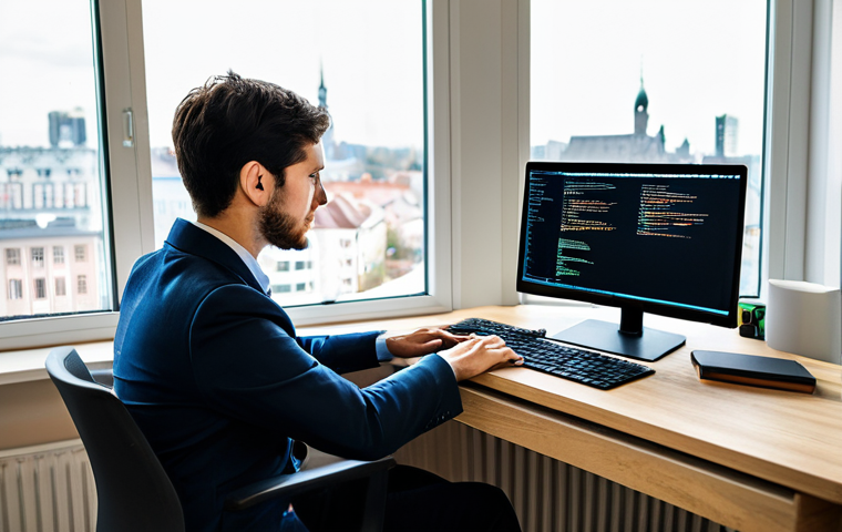 A determined professional person, either male or female, in their late 20s or early 30s, fully clothed in modest professional attire, diligently focused on a laptop screen displaying web development code in a bright, modern home office setting. The desk is organized with a few tech books, a coffee mug, and a second monitor showing a web browser. Natural light streams in from a window in the background, hinting at a contemporary German city skyline. The individual has perfect anatomy, correct proportions, well-formed hands, and a proper finger count, captured in a natural pose. The image conveys a sense of concentrated learning and professional growth. Safe for work, appropriate content, family-friendly.
