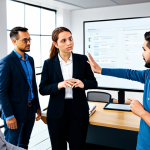 A diverse group of professional adult web developers, dressed in modest business casual attire, actively collaborating around a large monitor in a brightly lit, modern co-working space. One developer gestures towards the screen, explaining a complex problem, while others listen intently, some holding notebooks. The atmosphere is engaged and collaborative. Perfect anatomy, correct proportions, natural pose, well-formed hands, proper finger count, natural body proportions. Professional photography, high quality, studio lighting, fully clothed, modest clothing, appropriate attire, professional dress, safe for work, appropriate content, family-friendly.