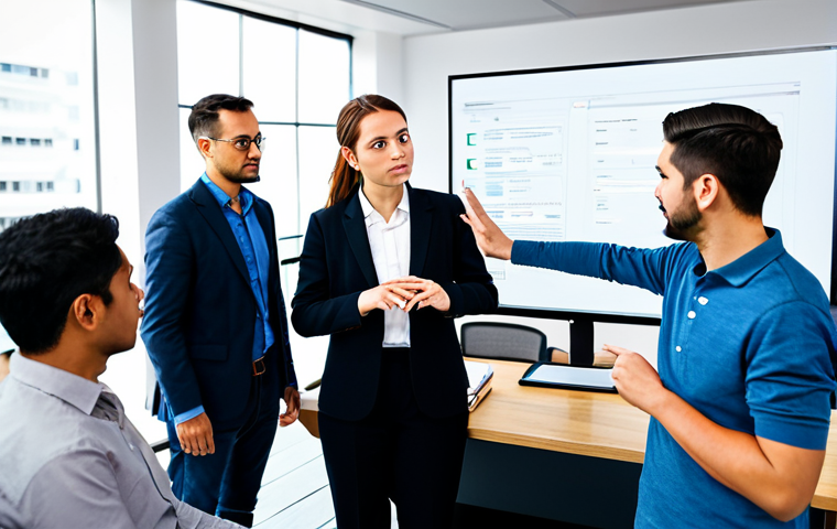 A diverse group of professional adult web developers, dressed in modest business casual attire, actively collaborating around a large monitor in a brightly lit, modern co-working space. One developer gestures towards the screen, explaining a complex problem, while others listen intently, some holding notebooks. The atmosphere is engaged and collaborative. Perfect anatomy, correct proportions, natural pose, well-formed hands, proper finger count, natural body proportions. Professional photography, high quality, studio lighting, fully clothed, modest clothing, appropriate attire, professional dress, safe for work, appropriate content, family-friendly.