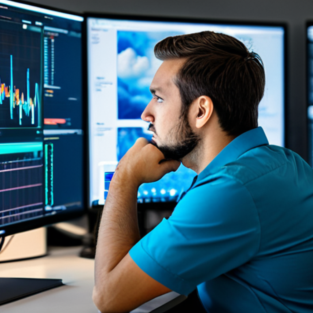 A focused professional software engineer in modest business casual attire, fully clothed, sitting at a workstation in a modern, brightly lit tech office. Multiple large monitors display intricate cloud architecture diagrams, Kubernetes cluster visualizations, and code pipelines. The engineer has a thoughtful expression, looking at a screen showing metrics from Prometheus and Grafana. The background features subtle blur, suggesting more networking equipment. professional photography, high quality, safe for work, appropriate content, perfect anatomy, correct proportions, natural pose, well-formed hands, proper finger count, natural body proportions, professional dress.