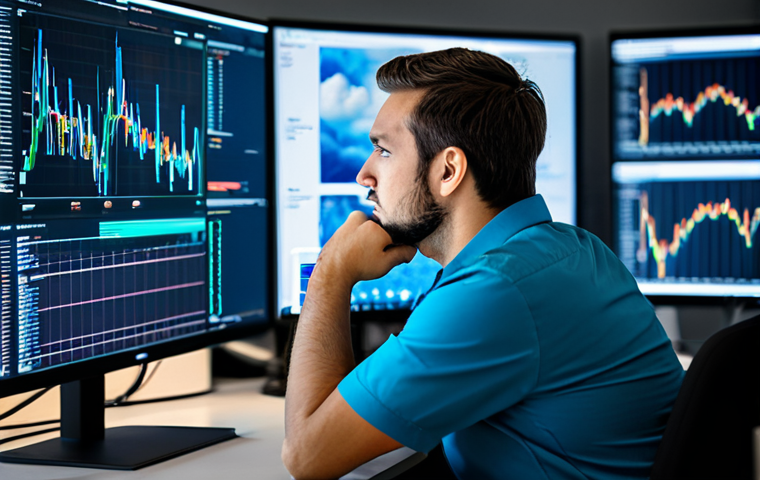 A focused professional software engineer in modest business casual attire, fully clothed, sitting at a workstation in a modern, brightly lit tech office. Multiple large monitors display intricate cloud architecture diagrams, Kubernetes cluster visualizations, and code pipelines. The engineer has a thoughtful expression, looking at a screen showing metrics from Prometheus and Grafana. The background features subtle blur, suggesting more networking equipment. professional photography, high quality, safe for work, appropriate content, perfect anatomy, correct proportions, natural pose, well-formed hands, proper finger count, natural body proportions, professional dress.