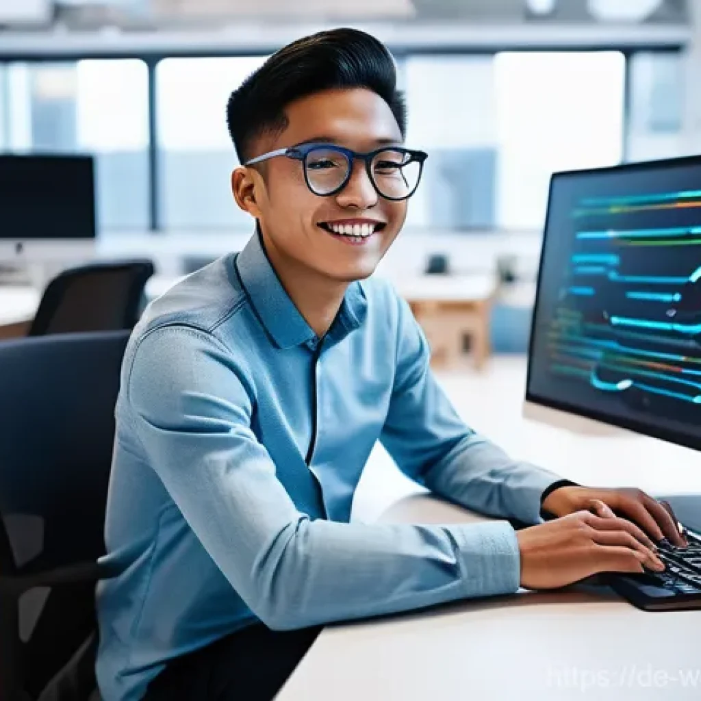 웹개발자 클라우드 서비스 - **Prompt:** A young, diverse web developer, comfortably dressed in smart casual attire, sits at a sl...