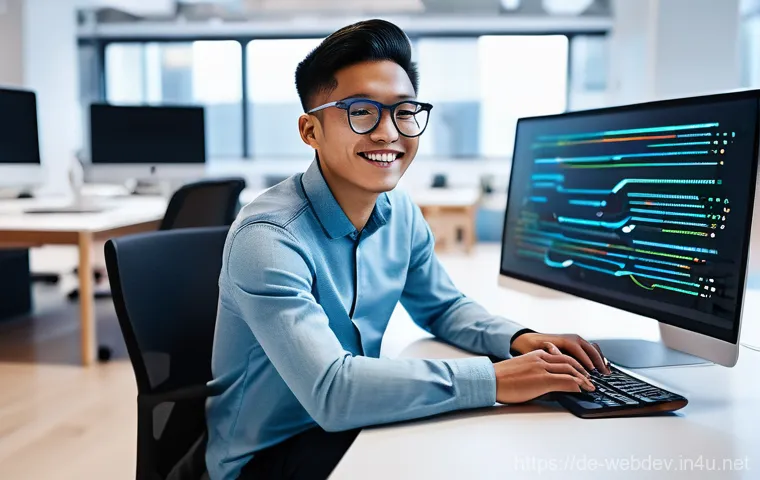 웹개발자 클라우드 서비스 - **Prompt:** A young, diverse web developer, comfortably dressed in smart casual attire, sits at a sl...