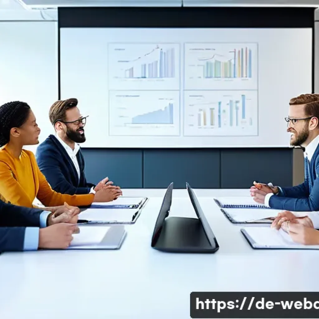 웹개발자 팀 협업 경험 - A modern office meeting scene showing a diverse team of professionals engaged in an open discussion ...