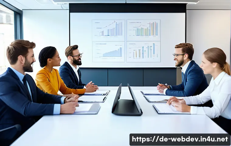 웹개발자 팀 협업 경험 - A modern office meeting scene showing a diverse team of professionals engaged in an open discussion ...