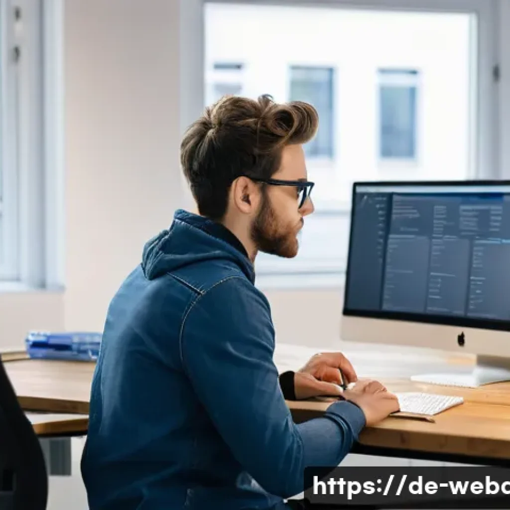 웹개발자 월간 목표 설정 - A focused web developer in a modern Berlin co-working space, sitting at a clean desk with multiple m...