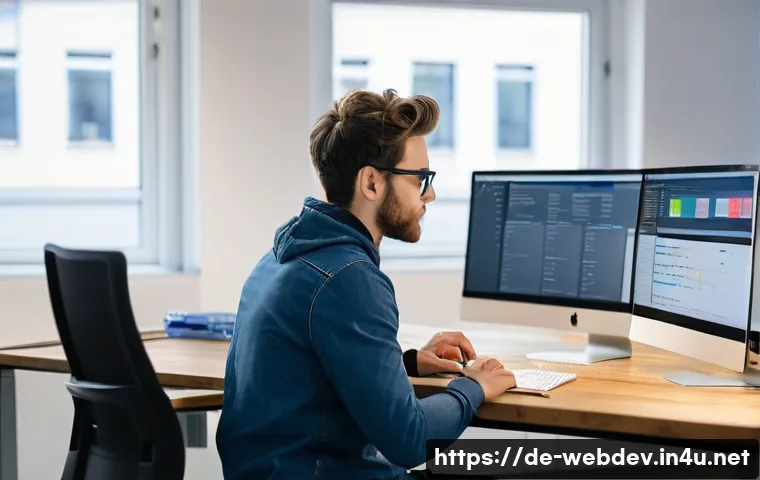 웹개발자 월간 목표 설정 - A focused web developer in a modern Berlin co-working space, sitting at a clean desk with multiple m...