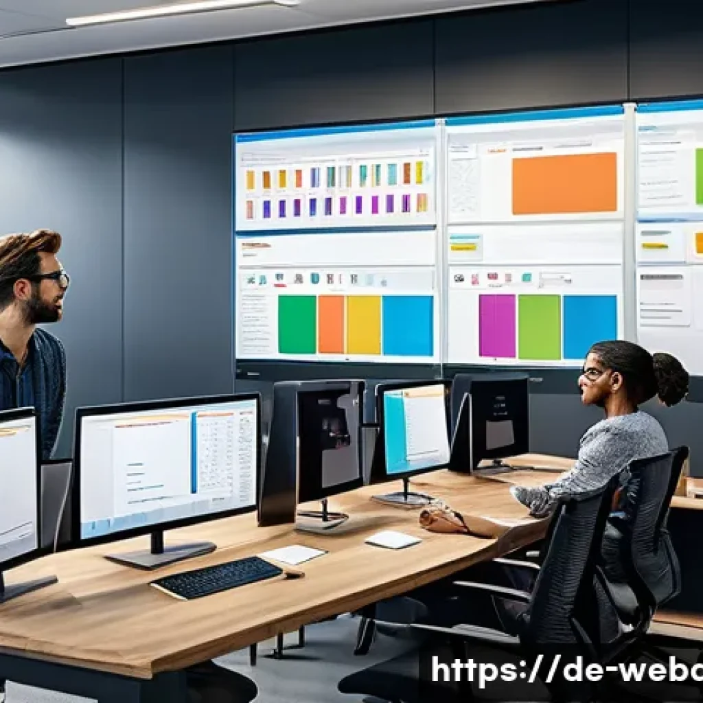 웹개발자 협업 도구 - A modern office setting with a diverse team of developers collaborating around a large digital Kanba...