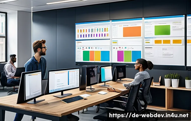 웹개발자 협업 도구 - A modern office setting with a diverse team of developers collaborating around a large digital Kanba...