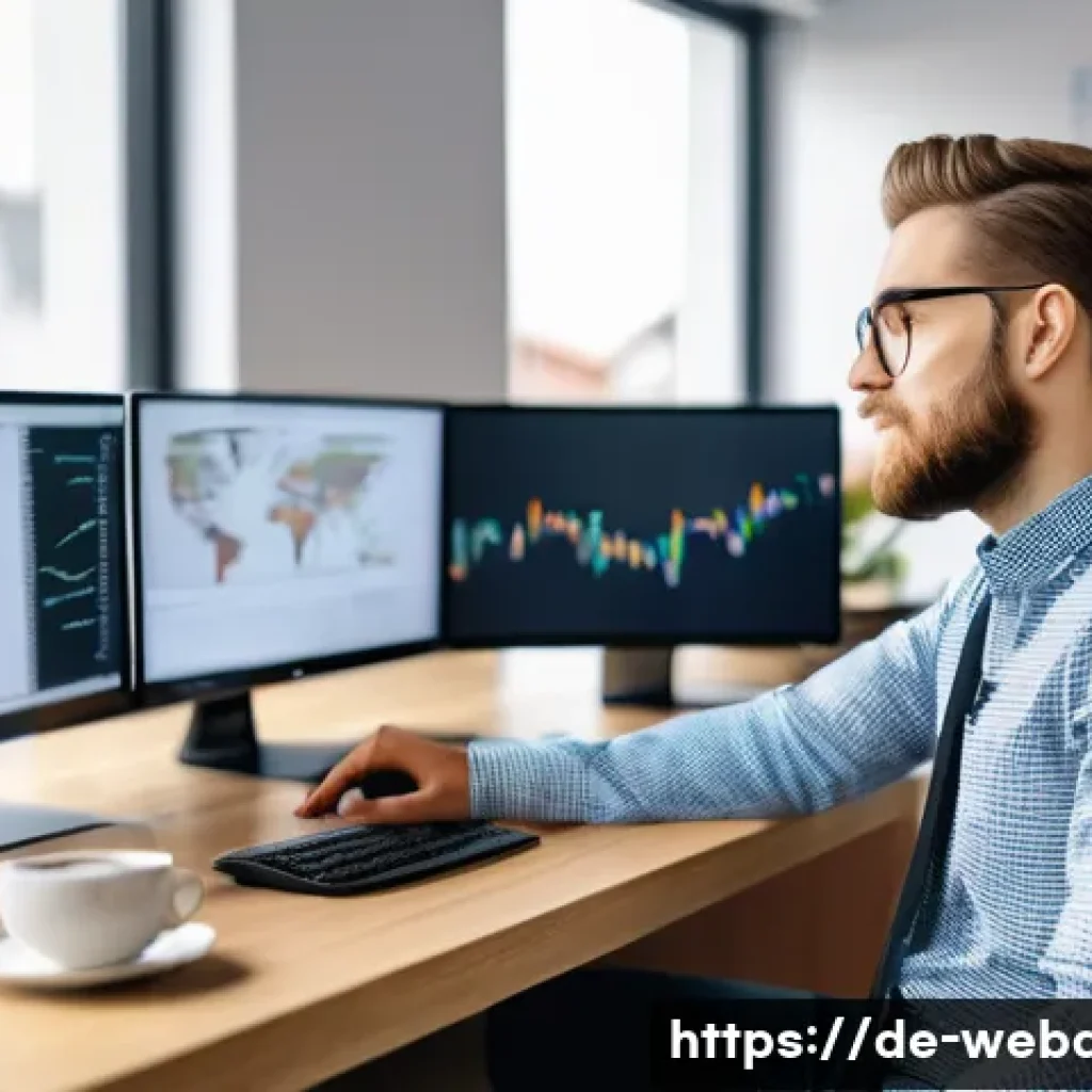 웹개발자 면접 준비 - A professional German web developer in a modern office environment, sitting at a sleek desk with mul...