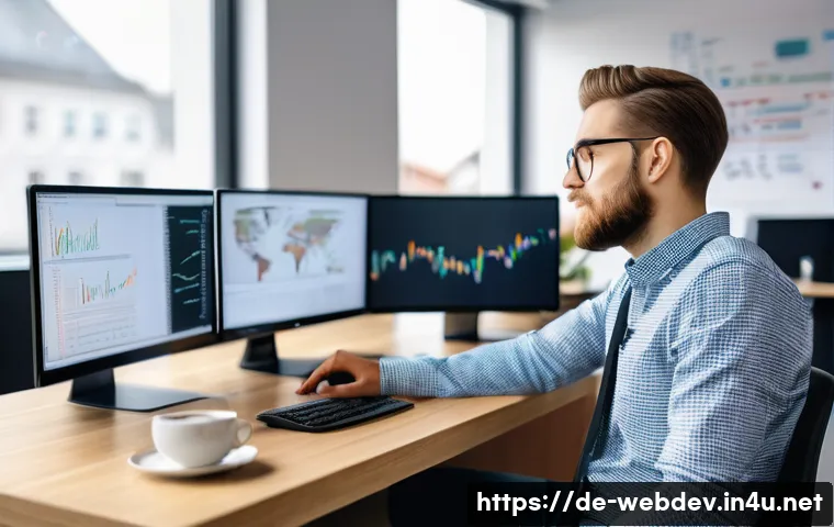 웹개발자 면접 준비 - A professional German web developer in a modern office environment, sitting at a sleek desk with mul...