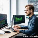 Home 22 웹개발자 중점 과목 - A modern web development workspace showing a focused German software engineer in their mid-30s, sitt...