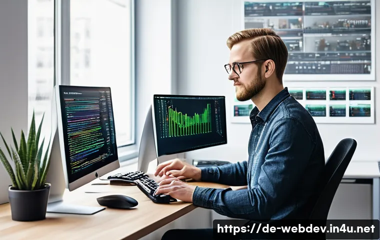 웹개발자 중점 과목 - A modern web development workspace showing a focused German software engineer in their mid-30s, sitt...