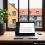 Home 20 웹개발자 취득 순서 - A modern German web developer’s workspace featuring a sleek laptop displaying React code on the scre...