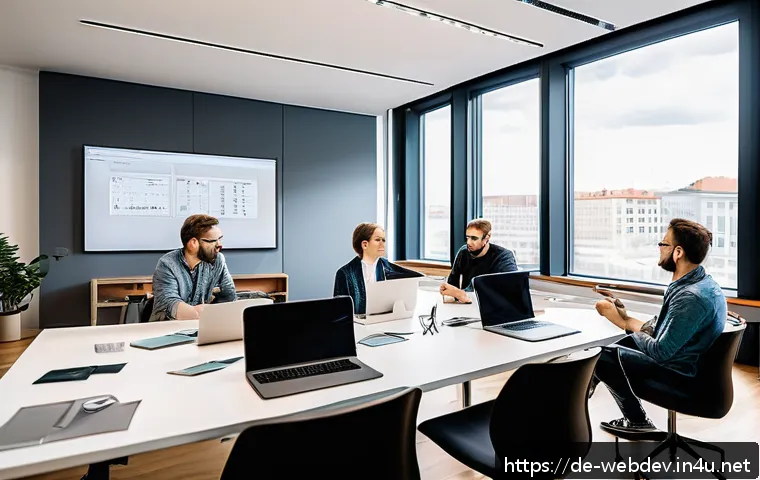 웹개발자 직무 역량 평가 - A modern agile software development team collaborating in a bright, contemporary office in Berlin, G...