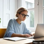Home 18 웹개발자 직무 전환 - A focused young adult woman sitting at a modern desk in a cozy home office in Berlin, learning web d...