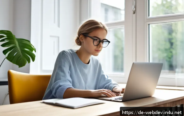 웹개발자 직무 전환 - A focused young adult woman sitting at a modern desk in a cozy home office in Berlin, learning web d...