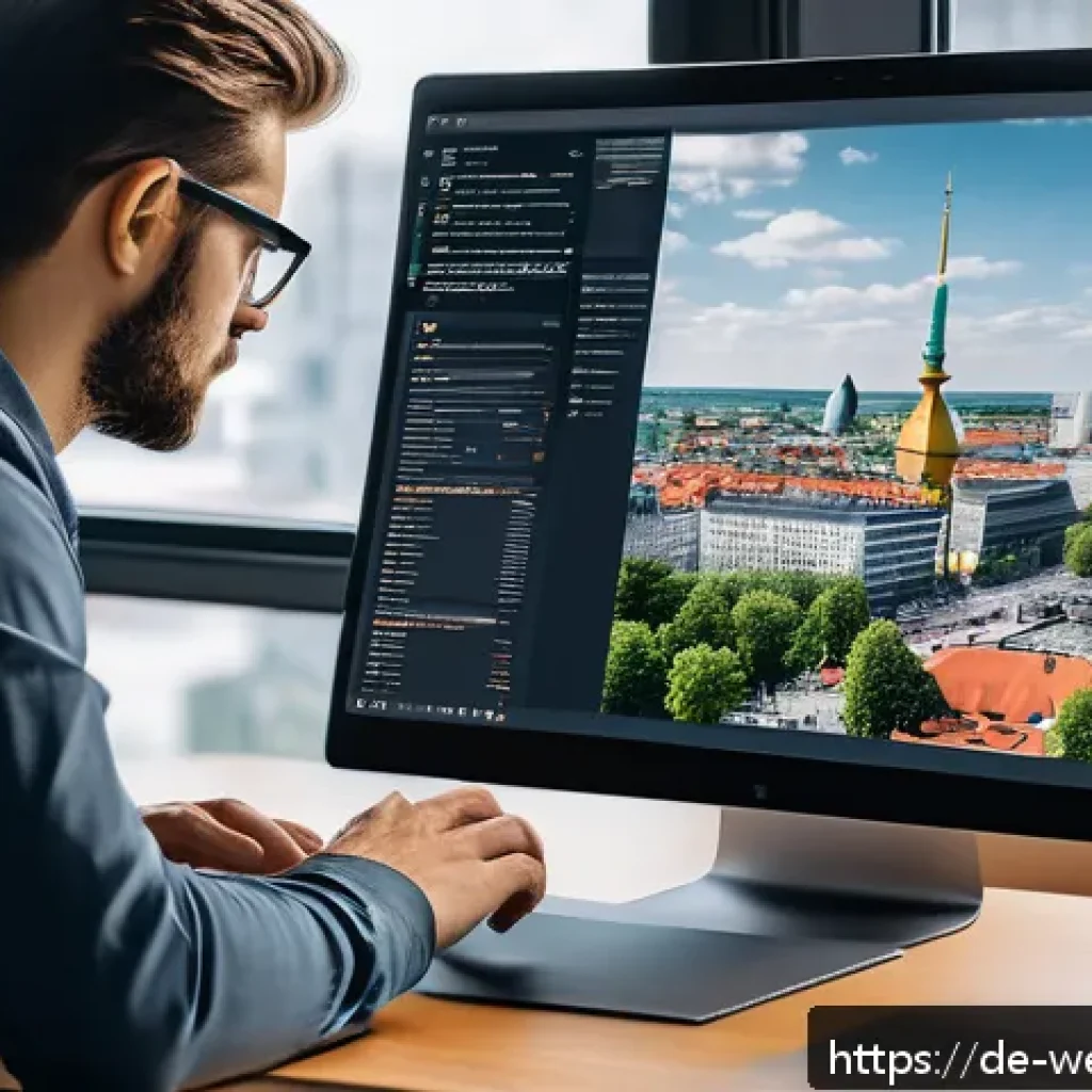웹개발자 최신 트렌드 반영 - A modern, sleek workspace scene showing a German web developer designing a Progressive Web App (PWA)...