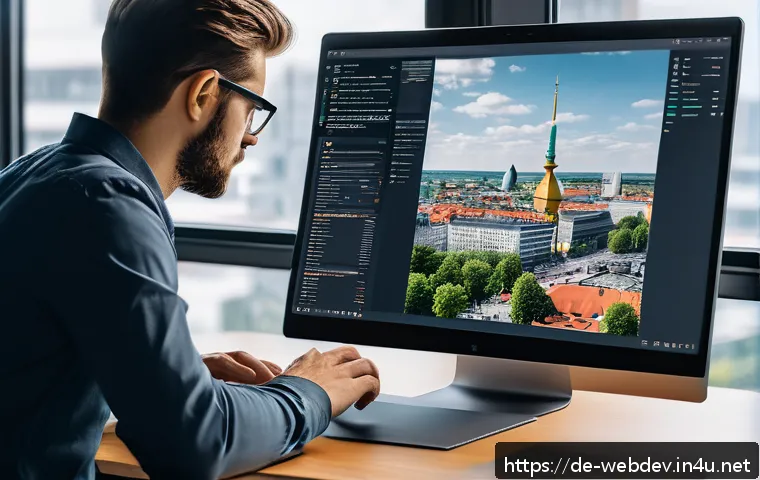 웹개발자 최신 트렌드 반영 - A modern, sleek workspace scene showing a German web developer designing a Progressive Web App (PWA)...